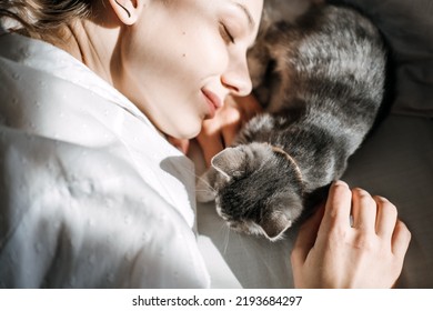 Mindfulness, Being In The Present Moment, Here And Now. Young Woman Play With Kitten At Home In Morning