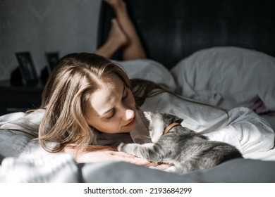 Mindfulness, Being In The Present Moment, Here And Now. Young Woman Play With Kitten At Home In Morning