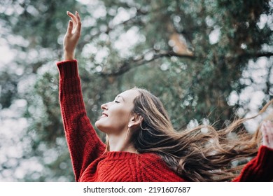 Mindfulness-based Cognitive Therapy, Mindfulness Practices. Young Woman With Long Hair Relaxing In Forest