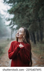 Mindfulness-based Cognitive Therapy, Mindfulness Practices. Young Woman With Long Hair Relaxing In Forest