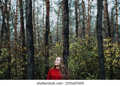 Mindfulness-based Cognitive Therapy, Mindfulness Practices. Young Woman With Long Hair Relaxing In Forest