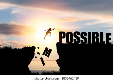 Mindset concept ,Silhouette man jumping over impossible and possible  wording on cliff with cloud sky and sunlight. - Shutterstock ID 1836461419