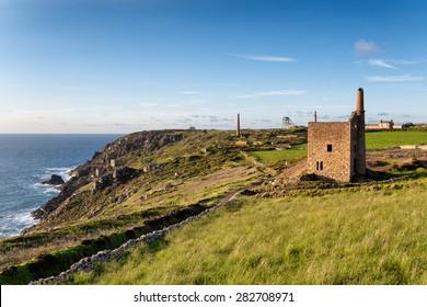 Mine workings at Botallack in Cornwall with Wheal Owles in the foreground, the Crowns in the far left, the Count House in the far right and the metal structure in the distance is Allen's Shaft