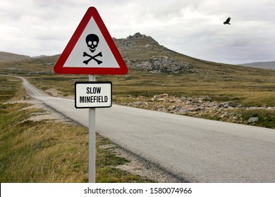 Minefield Sign near Stanley, the capital of the Falkland Islands (Islas Malvinas).  Large areas remain unsafe following the Falklands War, a 10-week undeclared war between Argentina and Britain.