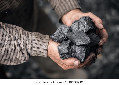 Miner holds coal palm. Concept mining, Top view.