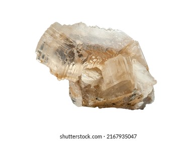 The mineral calcite is isolated on a white background. Calcite is a stable polymorph of calcium carbonate. Yellowish transparent crystal. Close-up macro on a white background