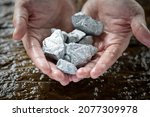 Miners hold in their hands platinum or silver or rare earth minerals found in the mine for inspection and consideration