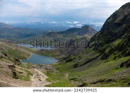 The Miners' Track is one of two paths beginning at Pen y Pass. Llyn Llydaw and Llyn Glaslyn are in this photograph from Llanberis Path on Snowdon