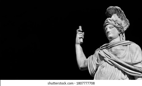 Minerva or Athena as Goddess Roma, a 19th century neoclassical old marble statue in Rome People's Square (Black and White with copy space)
