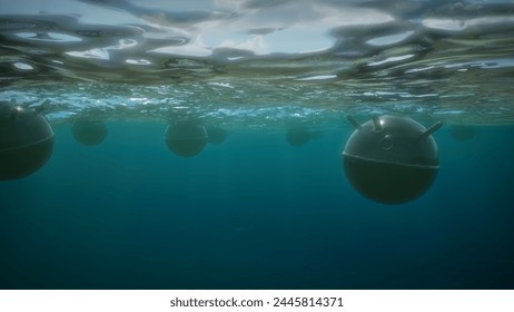 Mines float on the waves in the ocean