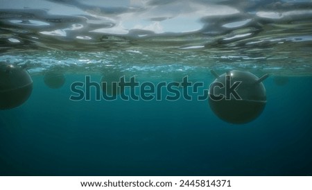 Mines float on the waves in the ocean