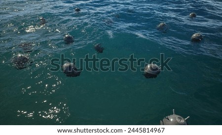 Mines float on the waves in the ocean