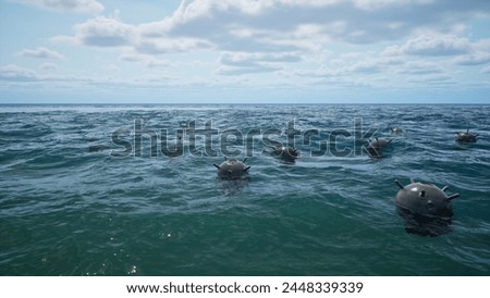 Mines float on the waves in the ocean