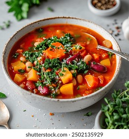 Minestrone soup in a bowl with vegetables and herbs, captured from an angle view, featuring a vibrant presentation, suitable for food photography.