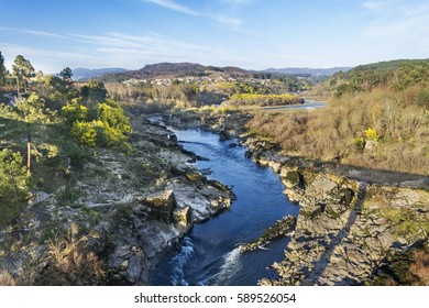 Minho River On The Frontier Between Spain And Portugal In Arbo And Melgaco 