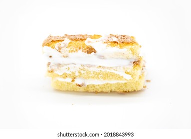 Mini Cake Slice With White Cream Isolate On White Background, Front View