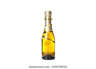 Mini Champagne Bottle With Golden Ribbon Isolated On White Background