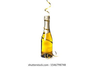 Mini Champagne Bottle With Golden Ribbon Isolated On White Background