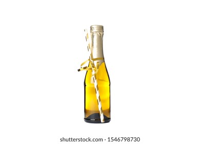 Mini Champagne Bottle With Straw Isolated On White Background