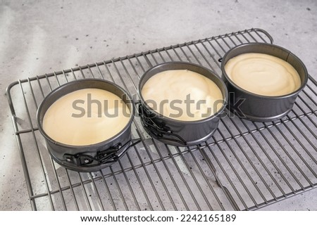 Mini cheesecake recipe. Three mini cheesecake pans filled with batter close-up on the kitchen table