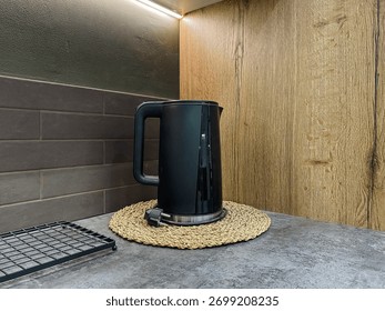 Mini cooking area, Efficient and cozy small kitchen with functional appliances setup, Modern smallscale cooking environment featuring warm lighting and essential appliances for convenience