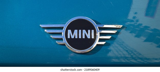 Mini Cooper Chrome Metal Logo, Luxury Mini Blue Car In Istanbul City, December 24 2021 Istanbul Pendik Turkey Used Car Market