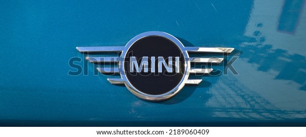 Mini cooper chrome metal logo, luxury mini blue
car in Istanbul city, December 24 2021 Istanbul Pendik Turkey used
car market