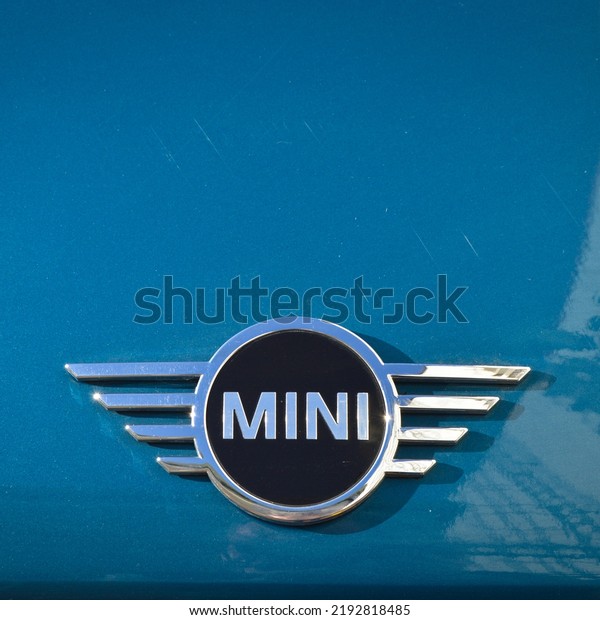 Mini cooper chrome metal logo, luxury mini blue\
car in Istanbul city, December 24 2021 Istanbul Pendik Turkey used\
car market