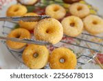 Mini Donut Sugar brown, Fresh donuts in cooling rack.