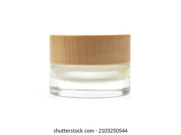 Mini Empty Glass Container With Wood Lid Isolated On White Background