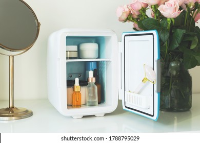 Mini Fridge On The Vanity Table. Selfcare Concept.