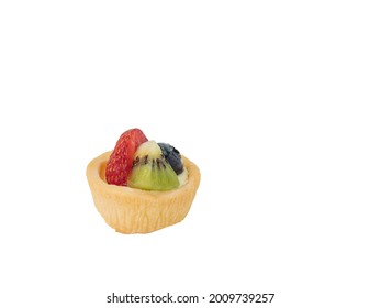 Mini Fruit Tart, A Close Up Of Homemade Small Tart Pie With Strawberry, Blueberry And Kiwi Topping Isolated On White Background.