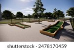 mini golf course with bright green turf, wooden structures, and a landscaped area, all surrounded by fencing