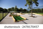 mini golf course designed with bright green grass, wooden parts, and a landscaped area, fully fenced