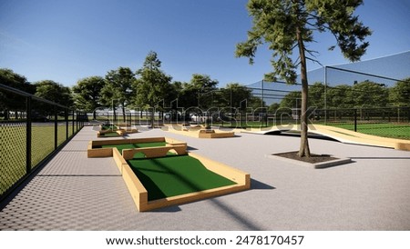 mini golf course designed with bright green grass, wooden parts, and a landscaped area, fully fenced