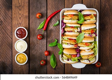 Mini Hamburgers With Chicken Burger, Cheese And   Vegetables. Flat Lay. Top View.