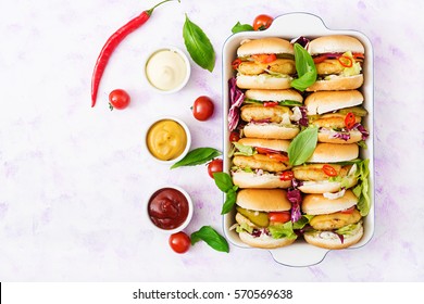 Mini Hamburgers With Chicken Burger, Cheese And  A Vegetables. Flat Lay. Top View.