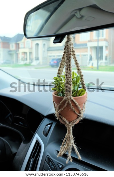 A mini jute twine macrame plant\
hanger with a ceramic pot. This hanger has a faux (Fake) plant\
inside of it. This hanger is made as a car decoration /\
charm.