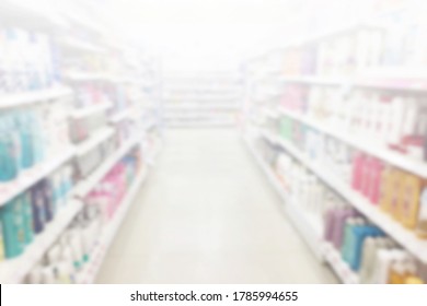  Mini Mart Convenience Stores Are A New Alternative For The Urban People. Consumer Product And Skin Care Cream Cosmetics Shelf At Supermarket On Blur Background.