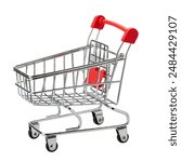 Mini model of red shopping cart in supermarket trolley isolated over white background