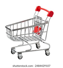 Mini model of red shopping cart in supermarket trolley isolated over white background - Powered by Shutterstock