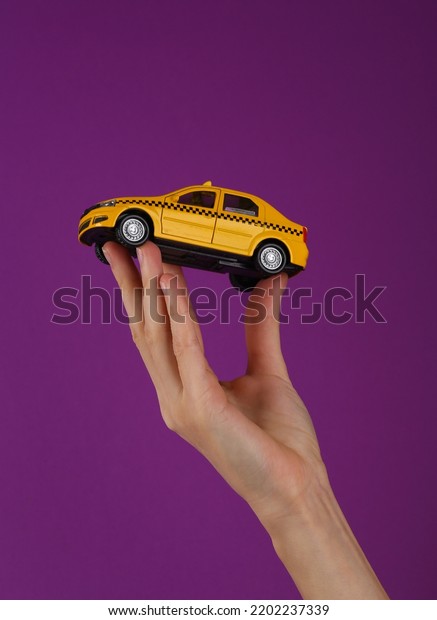 Mini model yellow taxi car in female hand on
purple background.