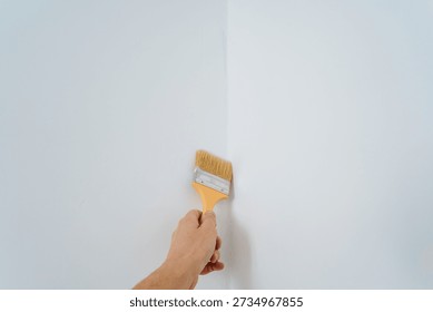 Mini Paint Touchup, Precise Brushwork Refining Wall Edges, Detailfocused Painting For Smooth Wall Transition, Meticulous Brush Application Enhances Aesthetic Of Residential Wall Finishing