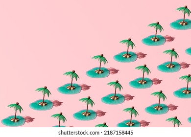 Mini palm trees, blue jelly and cookies, creative summer holiday pattern on pastel pink background.  - Shutterstock ID 2187158445
