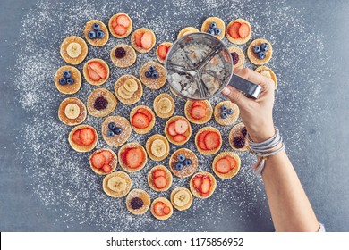 Mini Pancakes Heart With Strawberry, Banana, Peach And Blueberry From Above