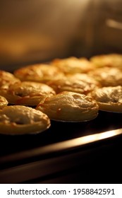 Mini Pie From Meat And Mushrooms Baking In Industrial Oven, Pie And Pastry Wholesale Bakery Factory