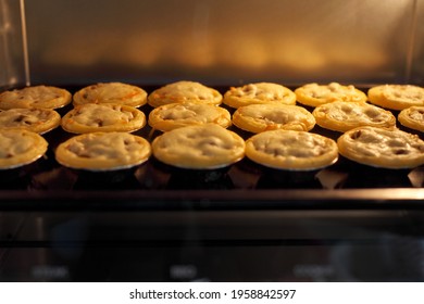 Mini Pie From Meat And Mushrooms Baking In Industrial Oven, Pie And Pastry Wholesale Bakery Factory