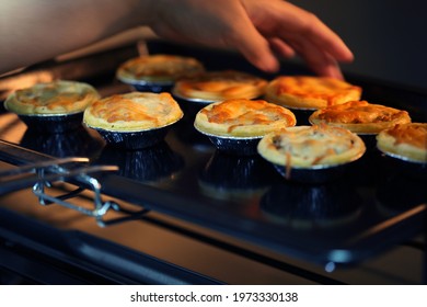 Mini Pie From Meat And Mushrooms Baking In Industrial Oven, Pie And Pastry Wholesale Bakery Factory