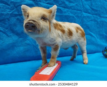 A mini pig playfully rests its hoof on a piano key, giving the illusion that it's playing a cheerful tune. Its curious expression adds to the adorable scene, creating a delightful moment. - Powered by Shutterstock