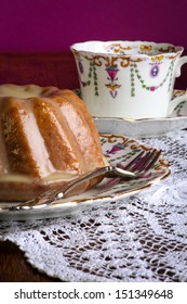 Mini Pound Cake - Almond Lemon Drizzle Cake On Old Pictures Coffee Cup, Side Plate On Lace, Purple Background